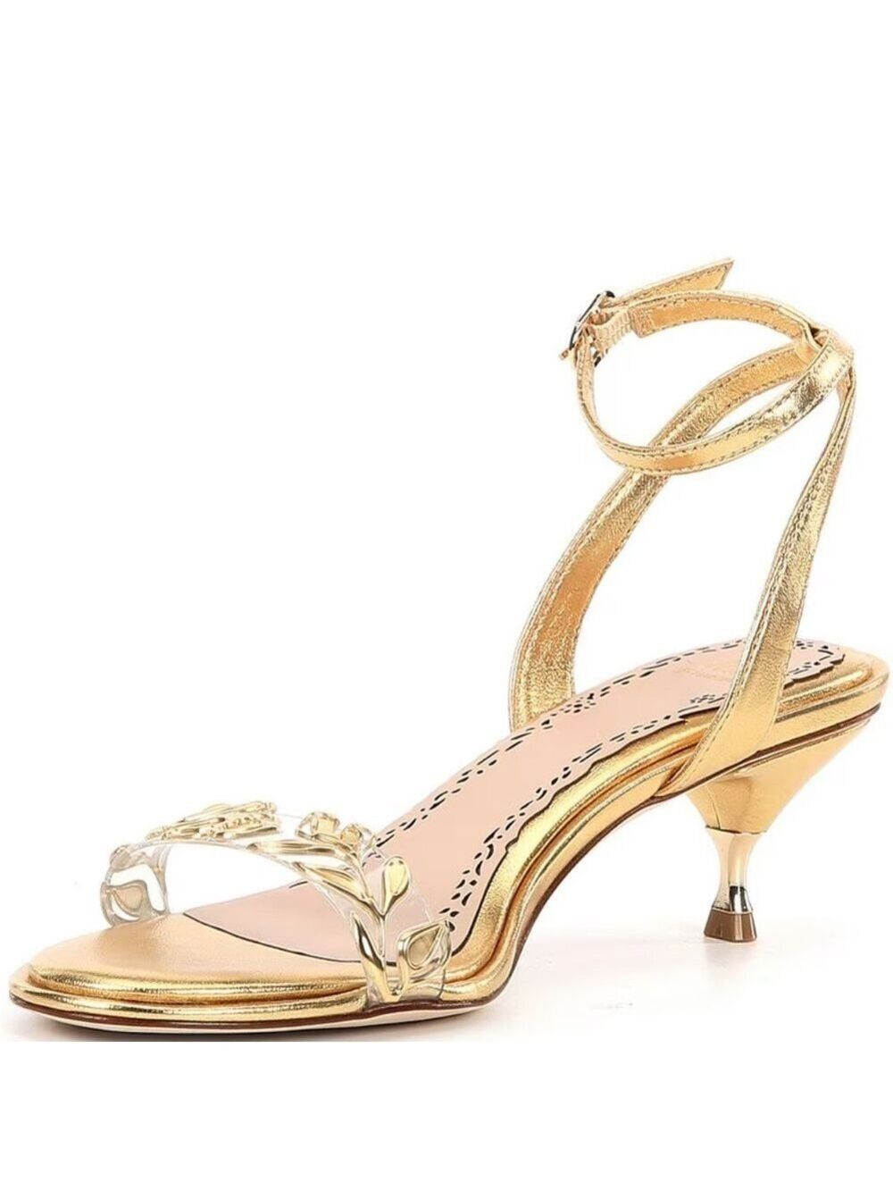 NWOB $129 Muse by Marchesa Kitten Heel Ankle Strap Gold Metallic Sandals